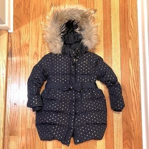 Girls navy puffer coat with detachable fur trim hoodie